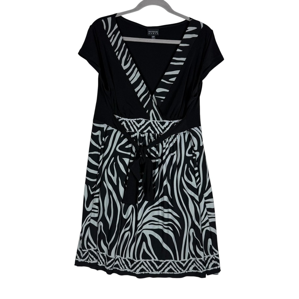 En Focus Women Dress Womens 20W Black Animal‎ Print Fit & Flare Belted V Neck